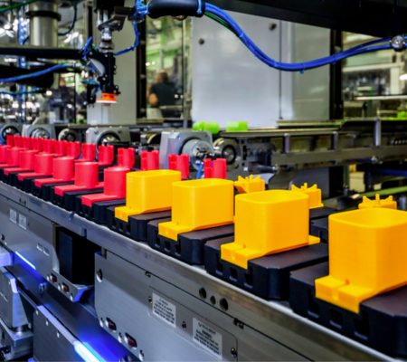 Multiple red and yellow 3D printed blocks in factory